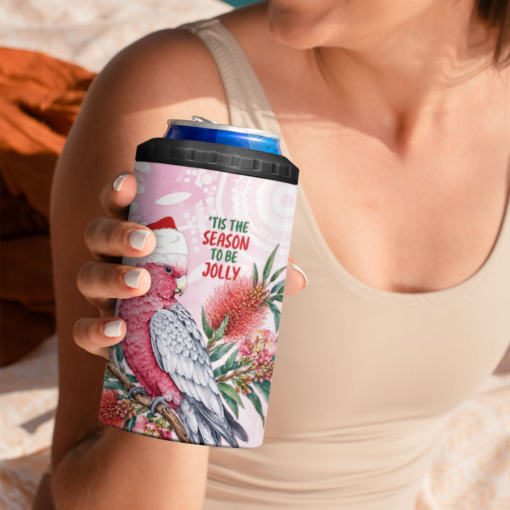 Pink Galah Christmas Australia 4 in 1 Can Cooler Tumbler Watercolor Painting Aboriginal Art