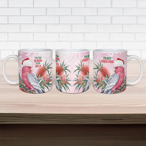 Pink Galah Christmas Australia Ceramic Mug Watercolor Painting Aboriginal Art