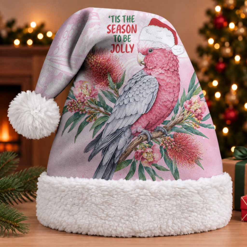 Pink Galah Christmas Australia Christmas Santa Hat Watercolor Painting Aboriginal Art