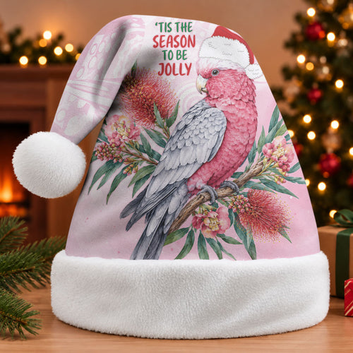 Pink Galah Christmas Australia Christmas Santa Hat Watercolor Painting Aboriginal Art