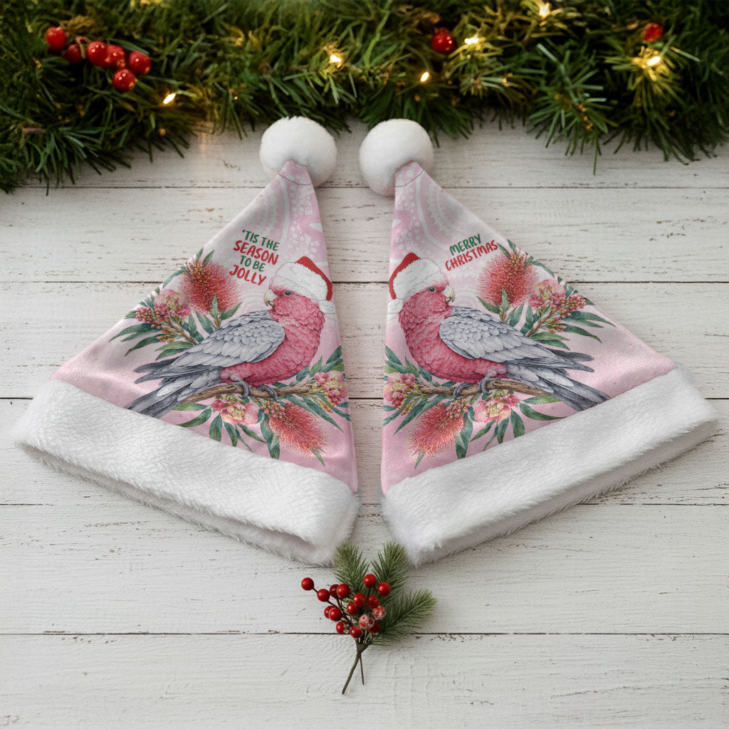 Pink Galah Christmas Australia Christmas Santa Hat Watercolor Painting Aboriginal Art