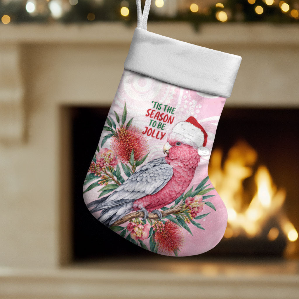 Pink Galah Christmas Australia Christmas Stocking Watercolor Painting Aboriginal Art