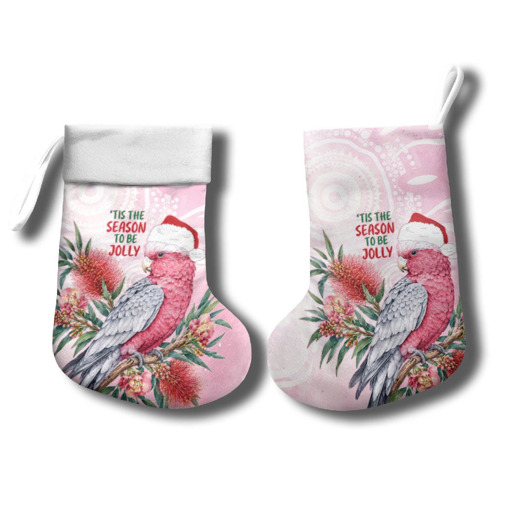 Pink Galah Christmas Australia Christmas Stocking Watercolor Painting Aboriginal Art