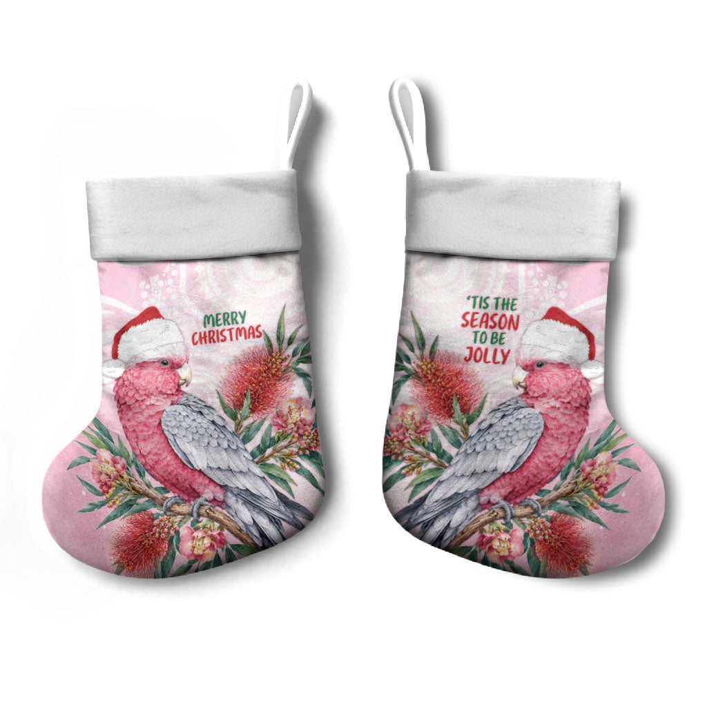 Pink Galah Christmas Australia Christmas Stocking Watercolor Painting Aboriginal Art
