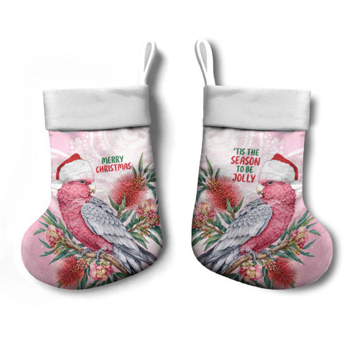 Pink Galah Christmas Australia Christmas Stocking Watercolor Painting Aboriginal Art