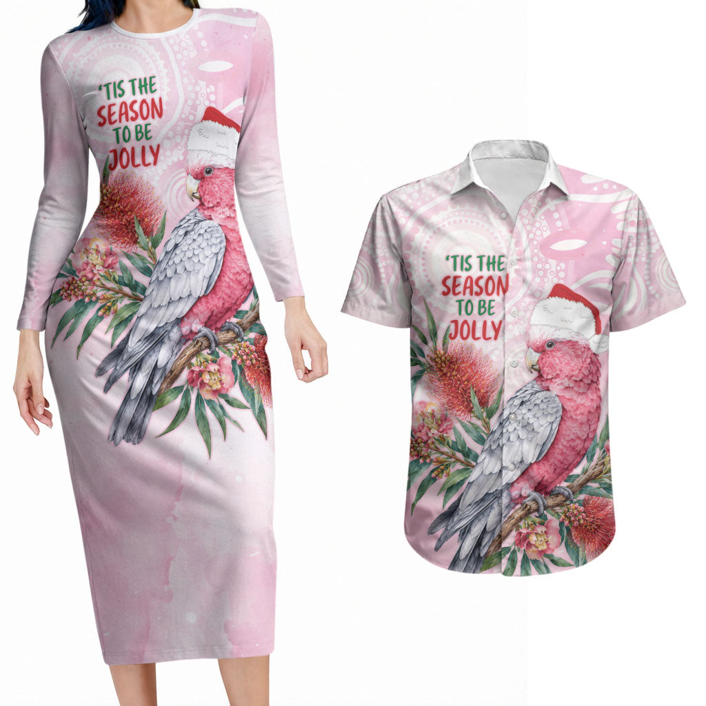 Pink Galah Christmas Australia Couples Matching Long Sleeve Bodycon Dress and Hawaiian Shirt Watercolor Painting Aboriginal Art