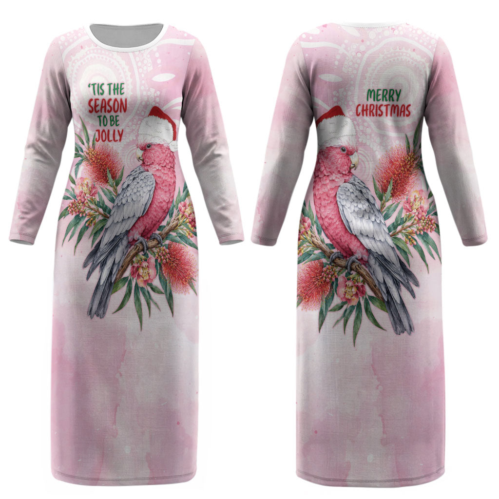 Pink Galah Christmas Australia Couples Matching Long Sleeve Bodycon Dress and Hawaiian Shirt Watercolor Painting Aboriginal Art