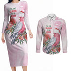 Pink Galah Christmas Australia Couples Matching Long Sleeve Bodycon Dress and Long Sleeve Button Shirt Watercolor Painting Aboriginal Art
