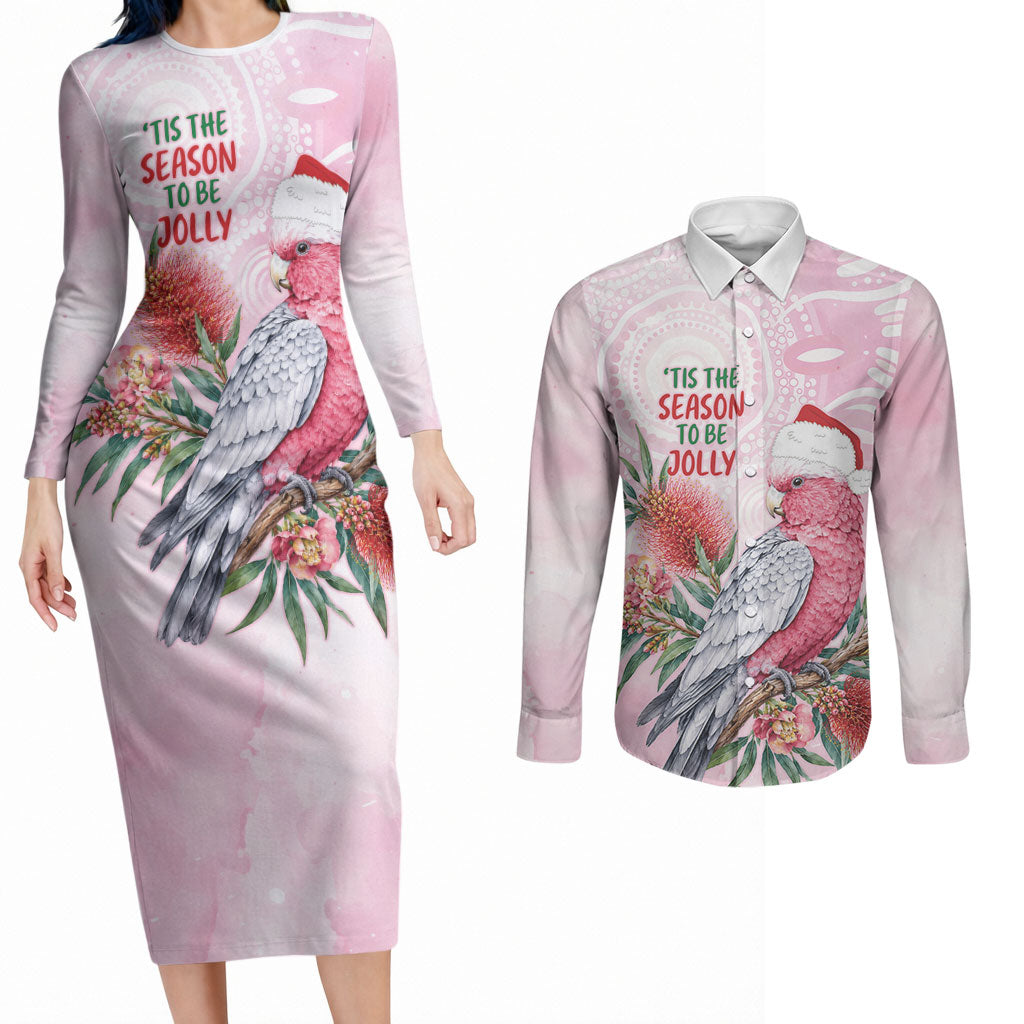 Pink Galah Christmas Australia Couples Matching Long Sleeve Bodycon Dress and Long Sleeve Button Shirt Watercolor Painting Aboriginal Art
