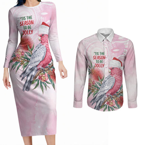 Pink Galah Christmas Australia Couples Matching Long Sleeve Bodycon Dress and Long Sleeve Button Shirt Watercolor Painting Aboriginal Art