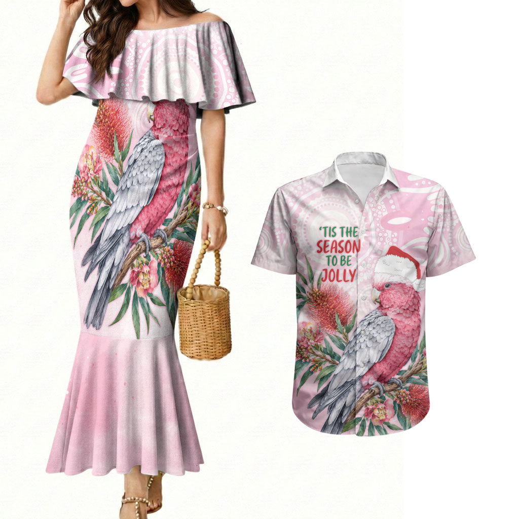 Pink Galah Christmas Australia Couples Matching Mermaid Dress and Hawaiian Shirt Watercolor Painting Aboriginal Art