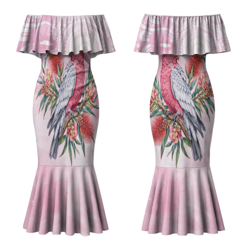 Pink Galah Christmas Australia Couples Matching Mermaid Dress and Hawaiian Shirt Watercolor Painting Aboriginal Art