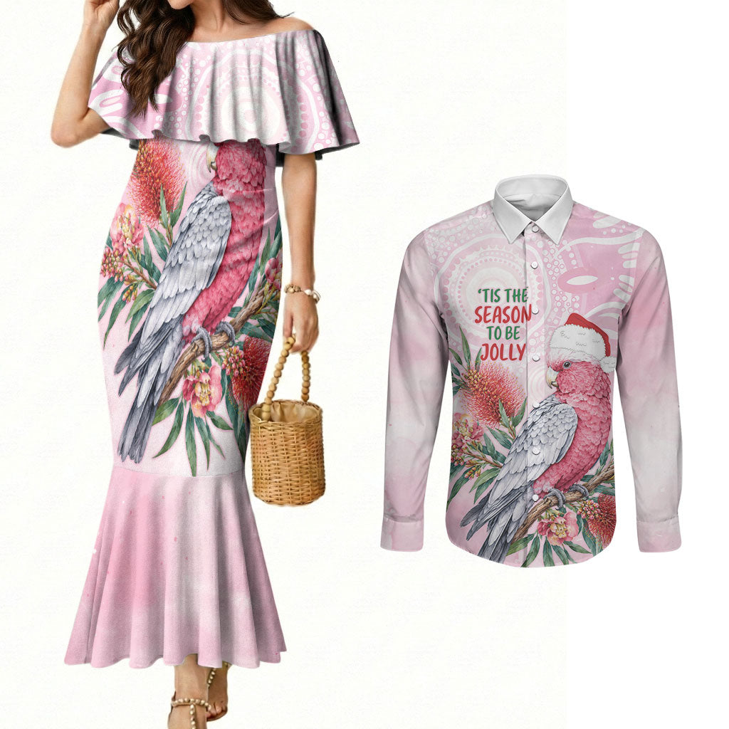 Pink Galah Christmas Australia Couples Matching Mermaid Dress and Long Sleeve Button Shirt Watercolor Painting Aboriginal Art