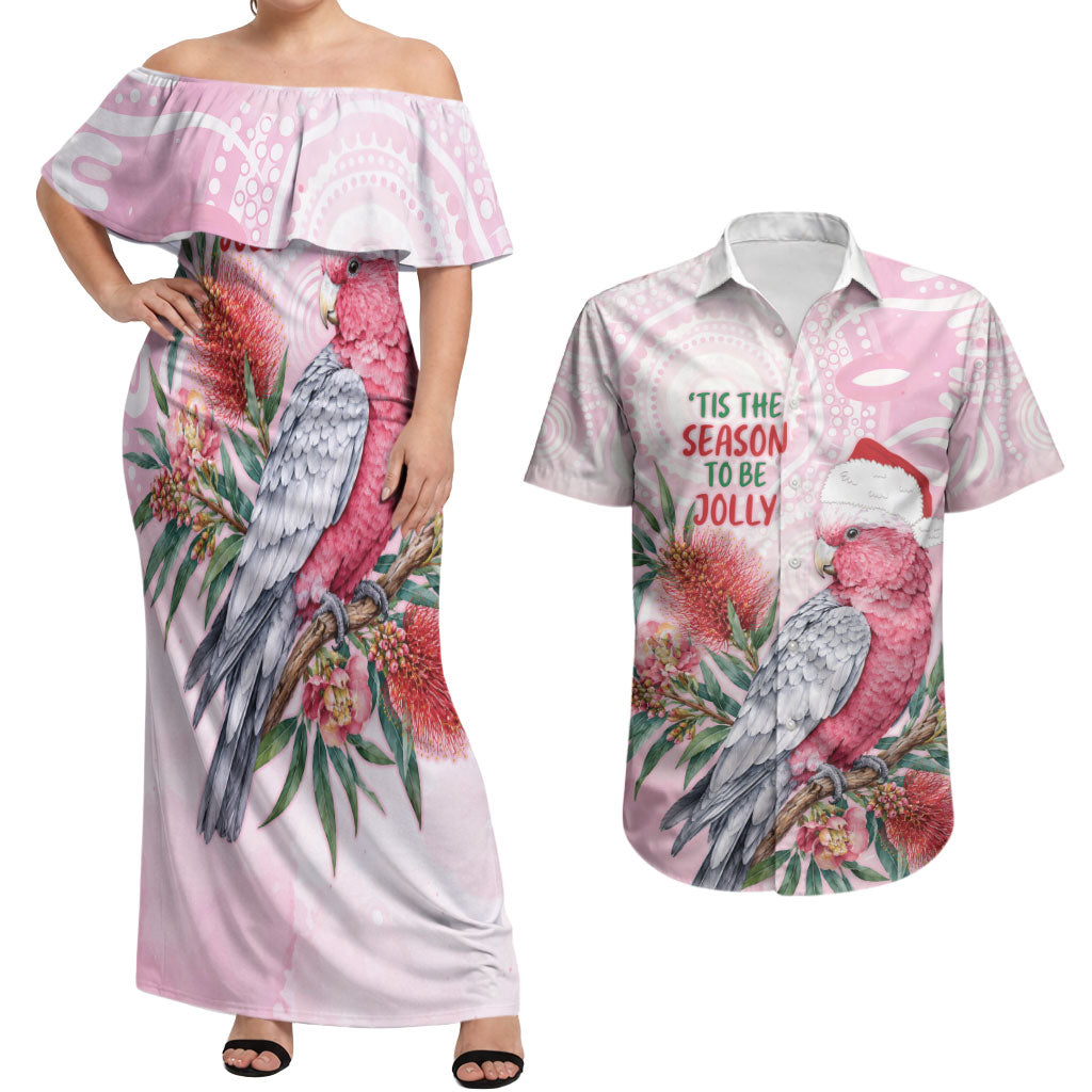 Pink Galah Christmas Australia Couples Matching Off Shoulder Maxi Dress and Hawaiian Shirt Watercolor Painting Aboriginal Art