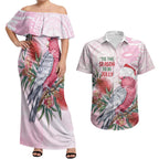Pink Galah Christmas Australia Couples Matching Off Shoulder Maxi Dress and Hawaiian Shirt Watercolor Painting Aboriginal Art