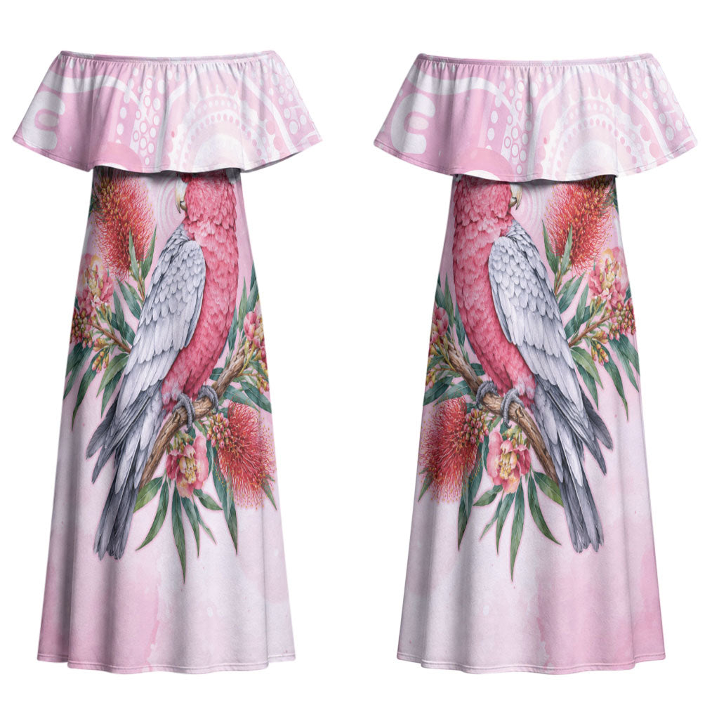 Pink Galah Christmas Australia Couples Matching Off Shoulder Maxi Dress and Hawaiian Shirt Watercolor Painting Aboriginal Art
