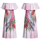 Pink Galah Christmas Australia Couples Matching Off Shoulder Maxi Dress and Hawaiian Shirt Watercolor Painting Aboriginal Art