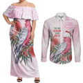 Pink Galah Christmas Australia Couples Matching Off Shoulder Maxi Dress and Long Sleeve Button Shirt Watercolor Painting Aboriginal Art