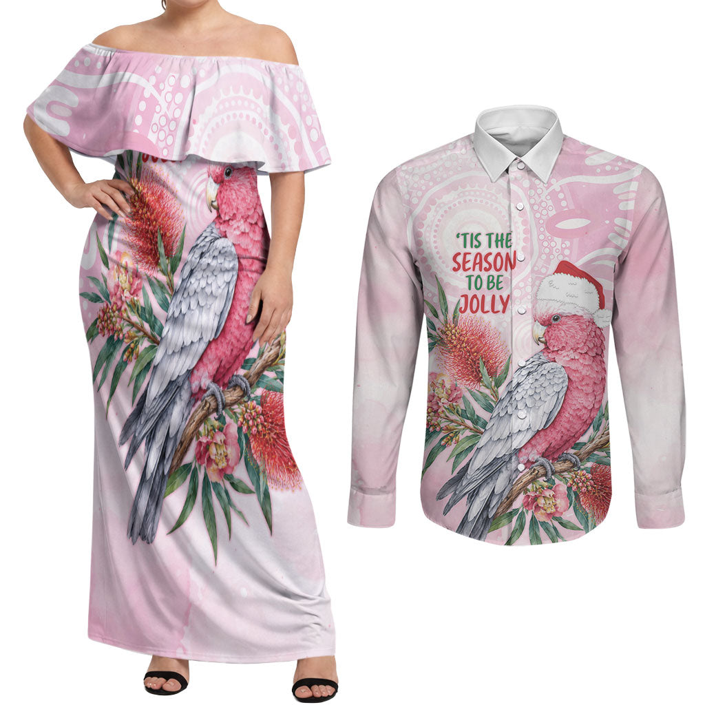 Pink Galah Christmas Australia Couples Matching Off Shoulder Maxi Dress and Long Sleeve Button Shirt Watercolor Painting Aboriginal Art