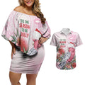 Pink Galah Christmas Australia Couples Matching Off Shoulder Short Dress and Hawaiian Shirt Watercolor Painting Aboriginal Art