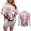 Pink Galah Christmas Australia Couples Matching Off Shoulder Short Dress and Long Sleeve Button Shirt Watercolor Painting Aboriginal Art