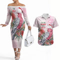 Pink Galah Christmas Australia Couples Matching Off The Shoulder Long Sleeve Dress and Hawaiian Shirt Watercolor Painting Aboriginal Art