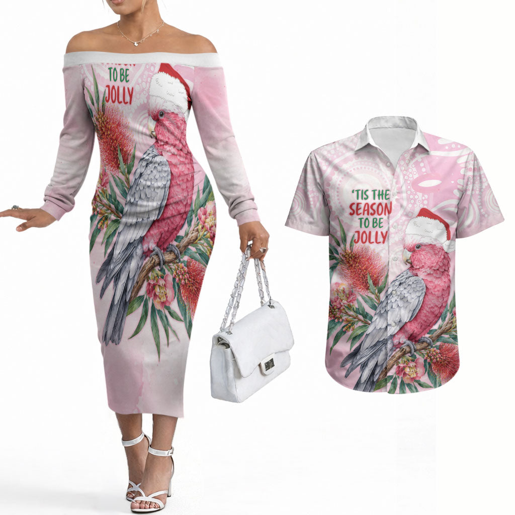 Pink Galah Christmas Australia Couples Matching Off The Shoulder Long Sleeve Dress and Hawaiian Shirt Watercolor Painting Aboriginal Art