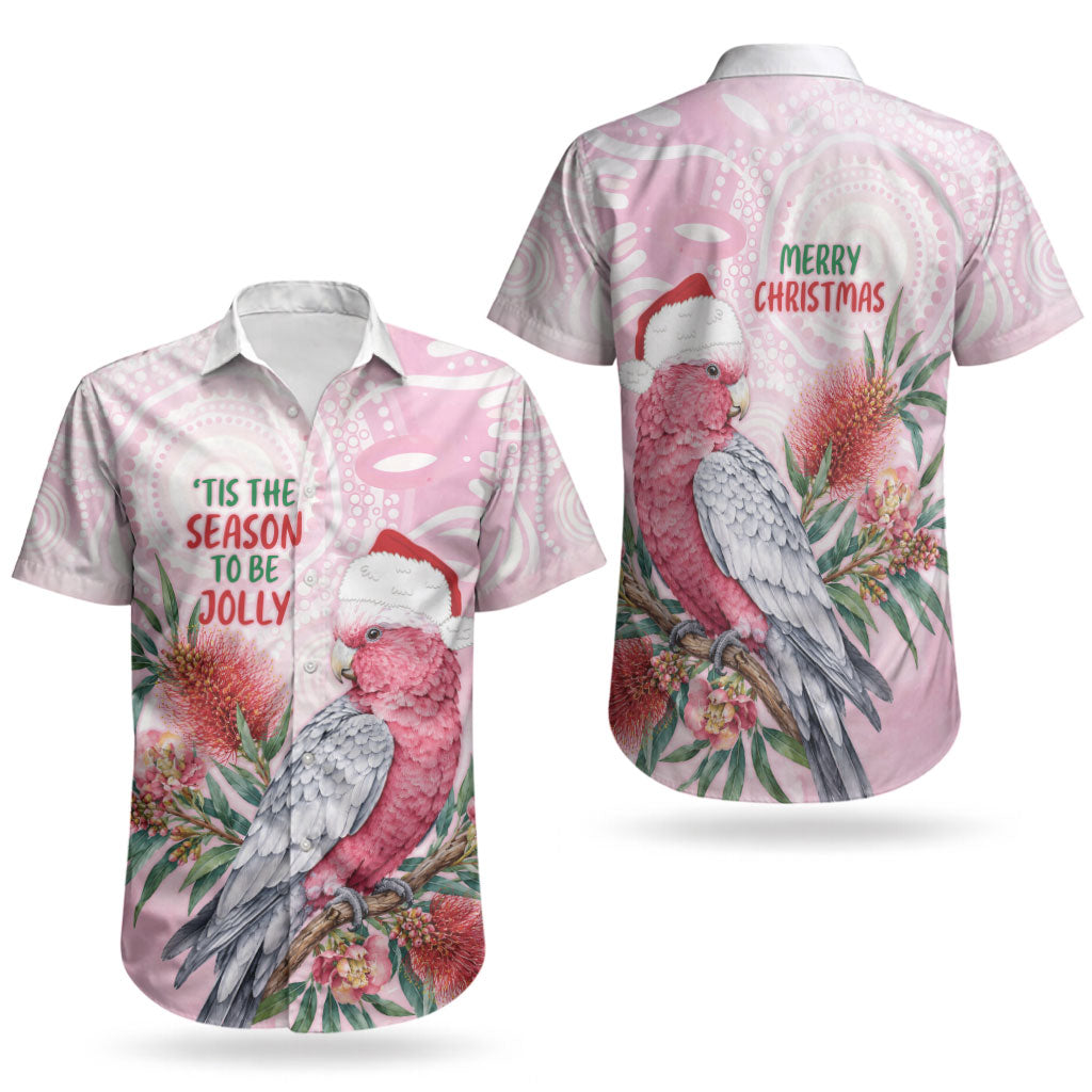 Pink Galah Christmas Australia Couples Matching Off The Shoulder Long Sleeve Dress and Hawaiian Shirt Watercolor Painting Aboriginal Art