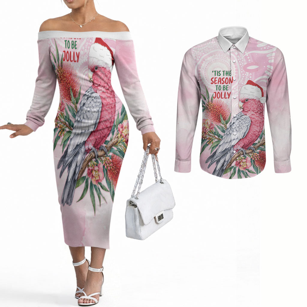 Pink Galah Christmas Australia Couples Matching Off The Shoulder Long Sleeve Dress and Long Sleeve Button Shirt Watercolor Painting Aboriginal Art
