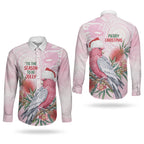 Pink Galah Christmas Australia Couples Matching Off The Shoulder Long Sleeve Dress and Long Sleeve Button Shirt Watercolor Painting Aboriginal Art