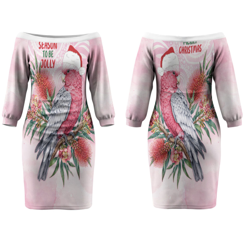 Pink Galah Christmas Australia Couples Matching Off The Shoulder Long Sleeve Dress and Long Sleeve Button Shirt Watercolor Painting Aboriginal Art
