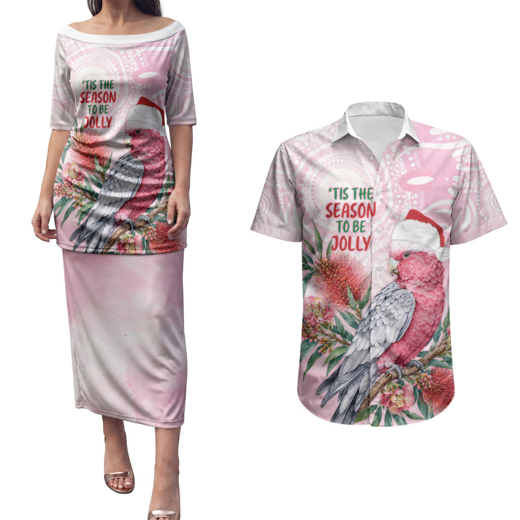 Pink Galah Christmas Australia Couples Matching Puletasi and Hawaiian Shirt Watercolor Painting Aboriginal Art