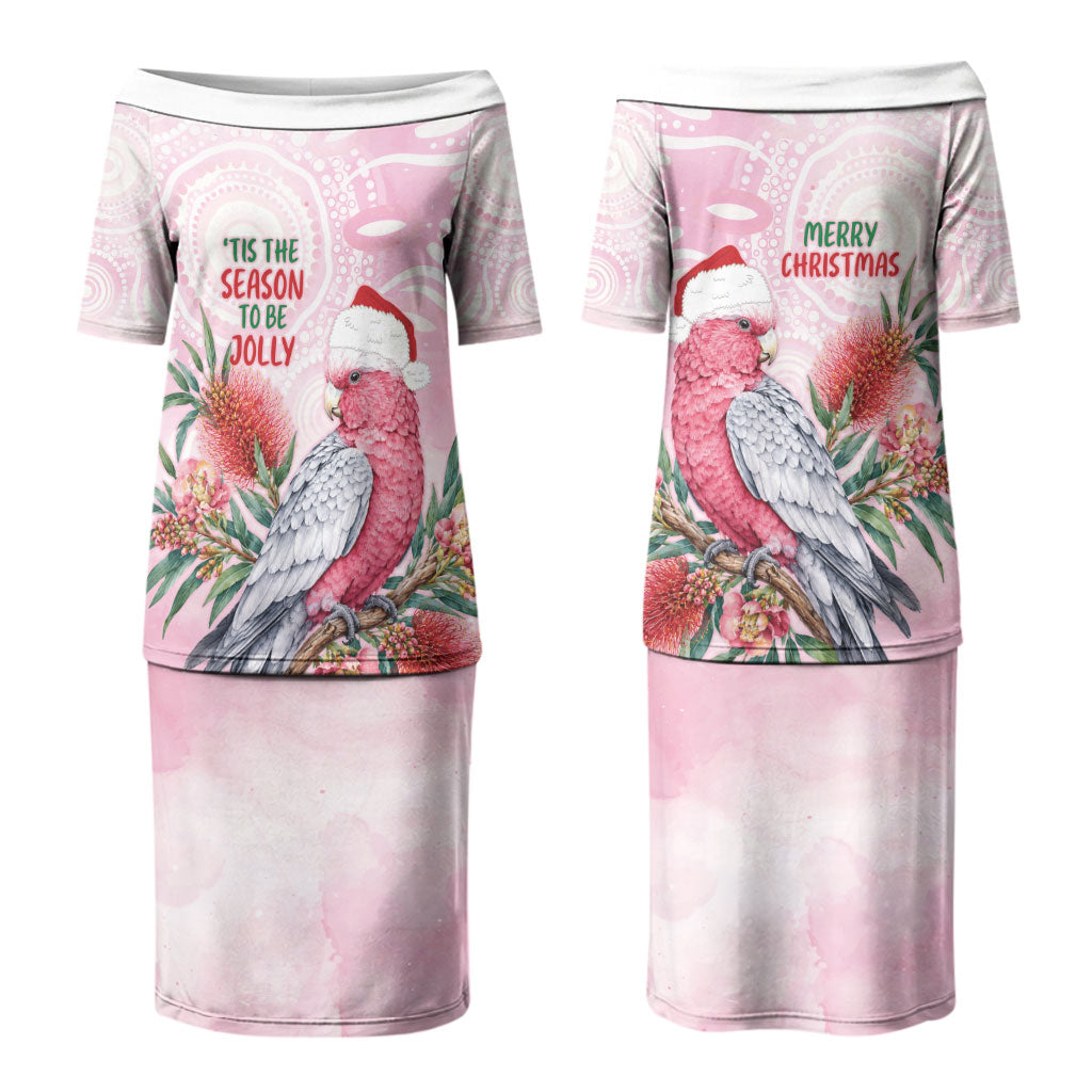 Pink Galah Christmas Australia Couples Matching Puletasi and Hawaiian Shirt Watercolor Painting Aboriginal Art