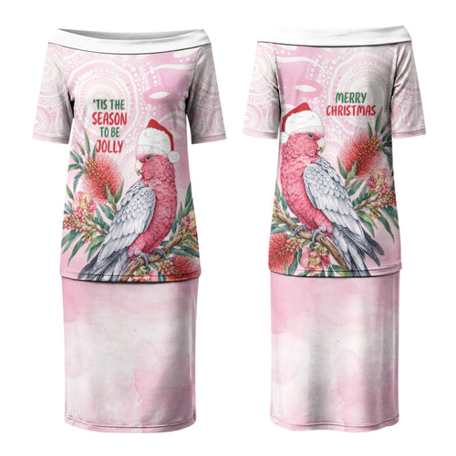 Pink Galah Christmas Australia Couples Matching Puletasi and Hawaiian Shirt Watercolor Painting Aboriginal Art