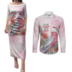 Pink Galah Christmas Australia Couples Matching Puletasi and Long Sleeve Button Shirt Watercolor Painting Aboriginal Art