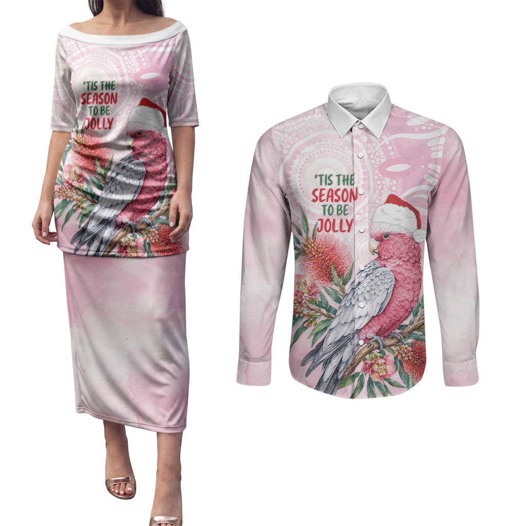 Pink Galah Christmas Australia Couples Matching Puletasi and Long Sleeve Button Shirt Watercolor Painting Aboriginal Art