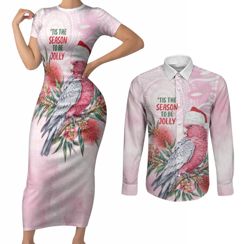 Pink Galah Christmas Australia Couples Matching Short Sleeve Bodycon Dress and Long Sleeve Button Shirt Watercolor Painting Aboriginal Art