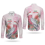Pink Galah Christmas Australia Couples Matching Short Sleeve Bodycon Dress and Long Sleeve Button Shirt Watercolor Painting Aboriginal Art