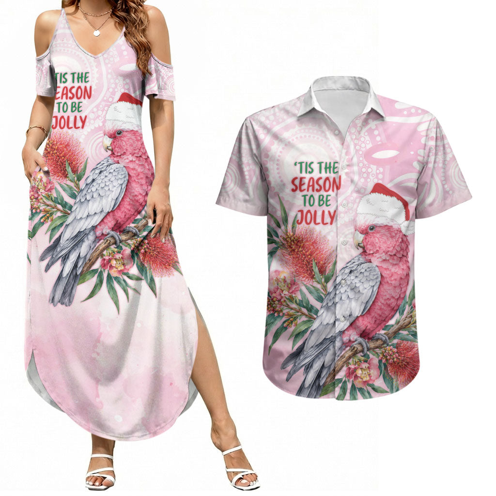 Pink Galah Christmas Australia Couples Matching Summer Maxi Dress and Hawaiian Shirt Watercolor Painting Aboriginal Art