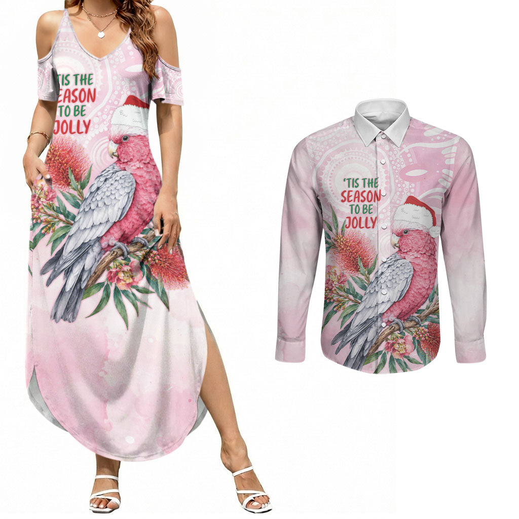 Pink Galah Christmas Australia Couples Matching Summer Maxi Dress and Long Sleeve Button Shirt Watercolor Painting Aboriginal Art