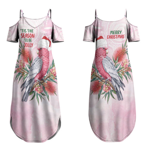 Pink Galah Christmas Australia Couples Matching Summer Maxi Dress and Long Sleeve Button Shirt Watercolor Painting Aboriginal Art