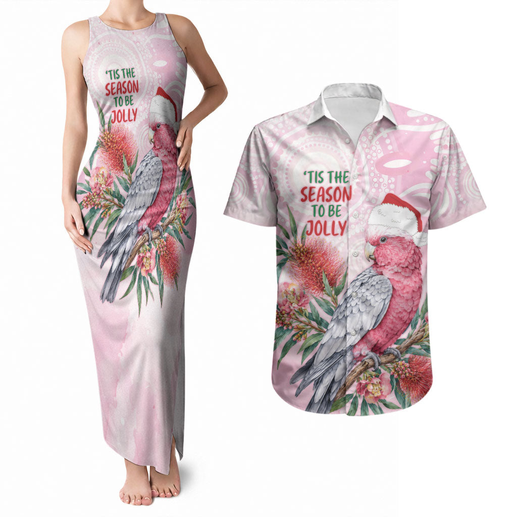 Pink Galah Christmas Australia Couples Matching Tank Maxi Dress and Hawaiian Shirt Watercolor Painting Aboriginal Art