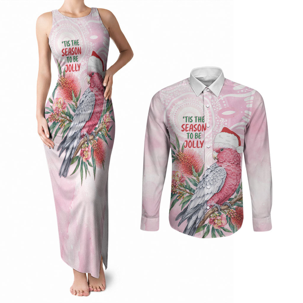 Pink Galah Christmas Australia Couples Matching Tank Maxi Dress and Long Sleeve Button Shirt Watercolor Painting Aboriginal Art