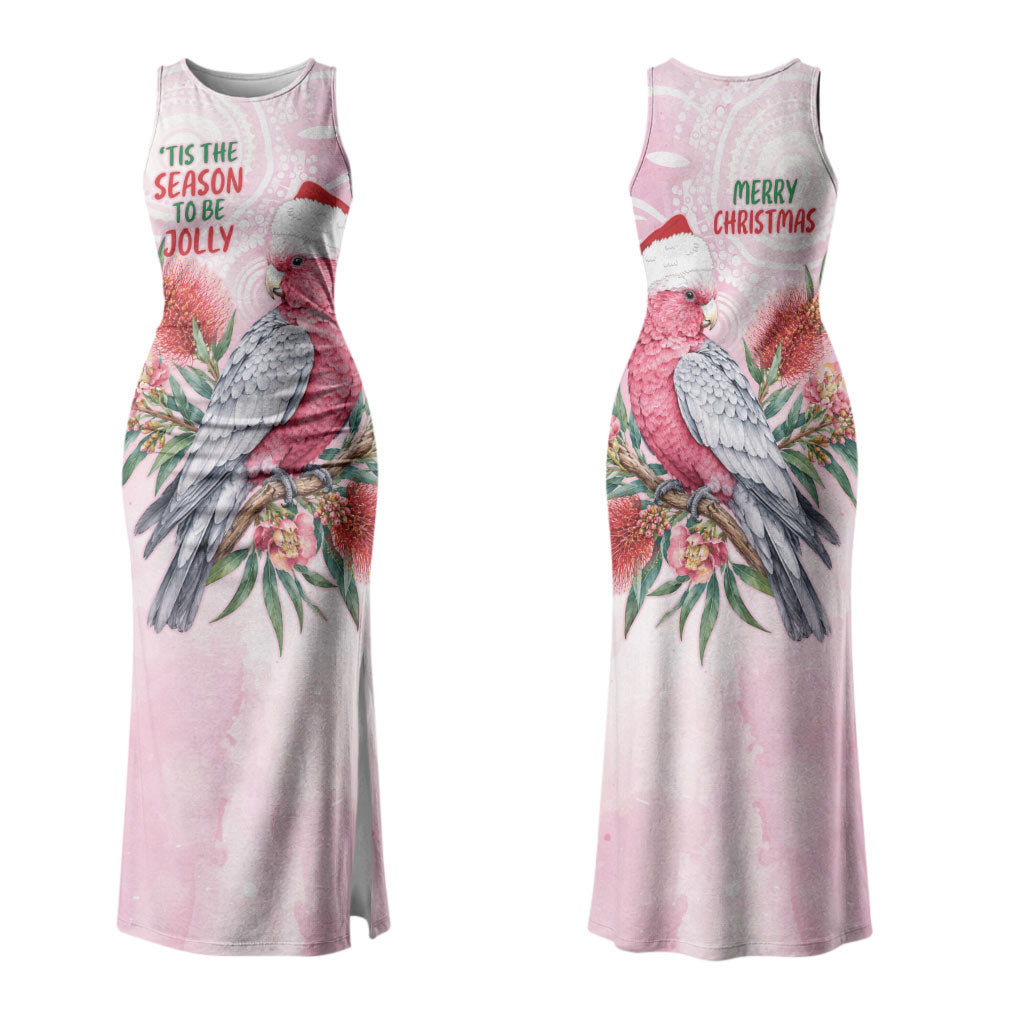 Pink Galah Christmas Australia Couples Matching Tank Maxi Dress and Long Sleeve Button Shirt Watercolor Painting Aboriginal Art