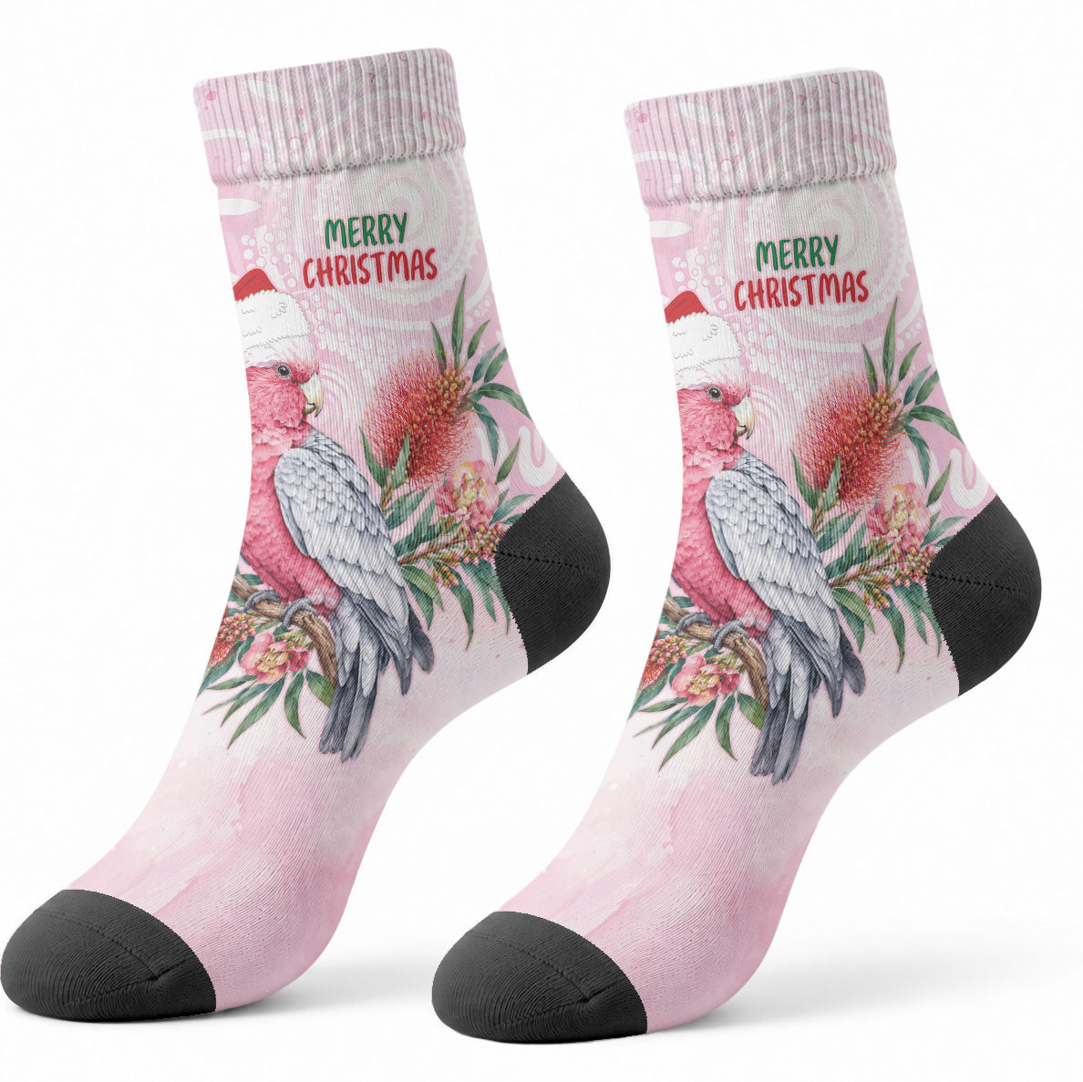Pink Galah Christmas Australia Crew Socks Watercolor Painting Aboriginal Art