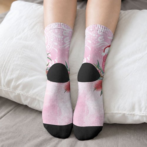 Pink Galah Christmas Australia Crew Socks Watercolor Painting Aboriginal Art