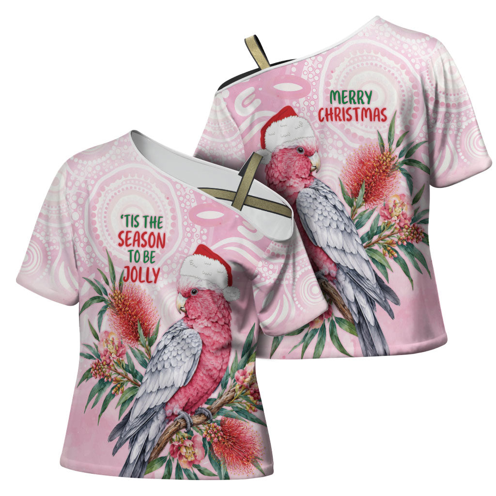 Pink Galah Christmas Australia Cross Shoulder Shirt Watercolor Painting Aboriginal Art