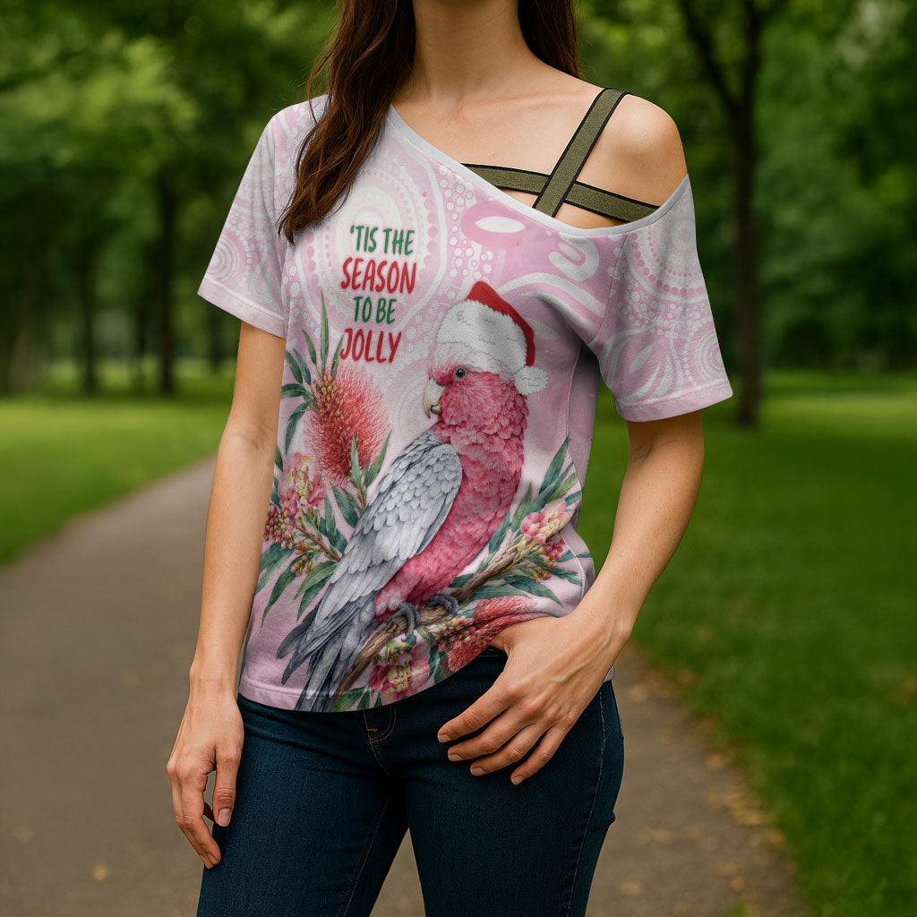 Pink Galah Christmas Australia Cross Shoulder Shirt Watercolor Painting Aboriginal Art