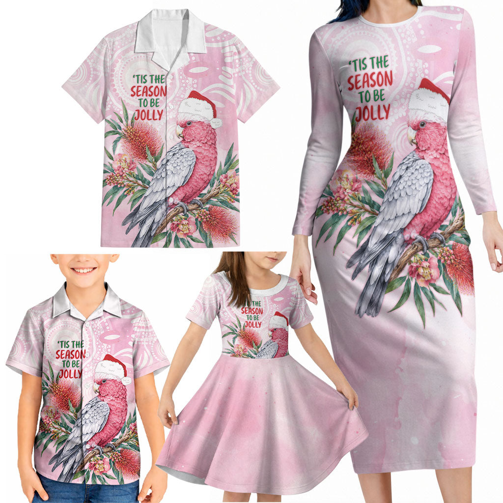 Pink Galah Christmas Australia Family Matching Long Sleeve Bodycon Dress and Hawaiian Shirt Watercolor Painting Aboriginal Art