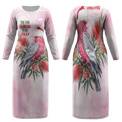 Pink Galah Christmas Australia Family Matching Long Sleeve Bodycon Dress and Hawaiian Shirt Watercolor Painting Aboriginal Art